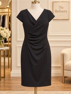 St. Emile Elegant Black V-Neck Cap Sleeve Sheath Dress XS